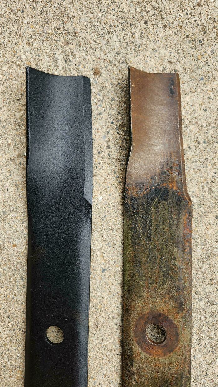 "10 Year Old Mower Blade vs. New Mower Blade"