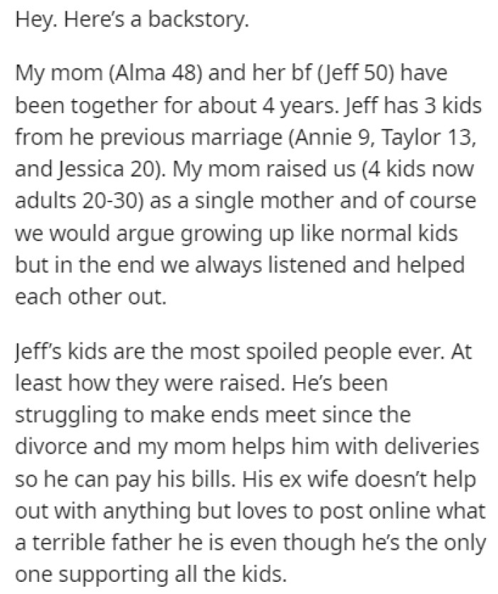 OP's Mom Had Raised Four Kids on Her Own While Her Boyfriend Has Three Kids from a Previous Marriage