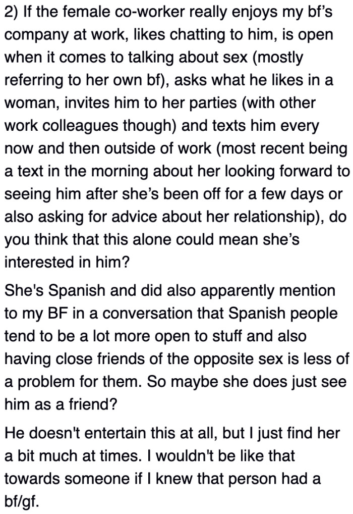 The coworker also asks inappropriate questions and behaves inappropriately toward the OP's boyfriend.