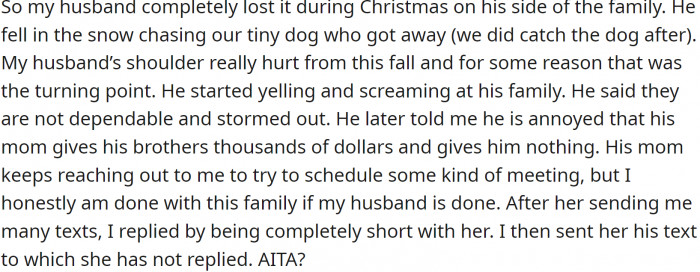 OP's husband completely lost it during Christmas on his side of the family. He fell in the snow chasing their tiny dog, who got away (they did catch the dog afterward).