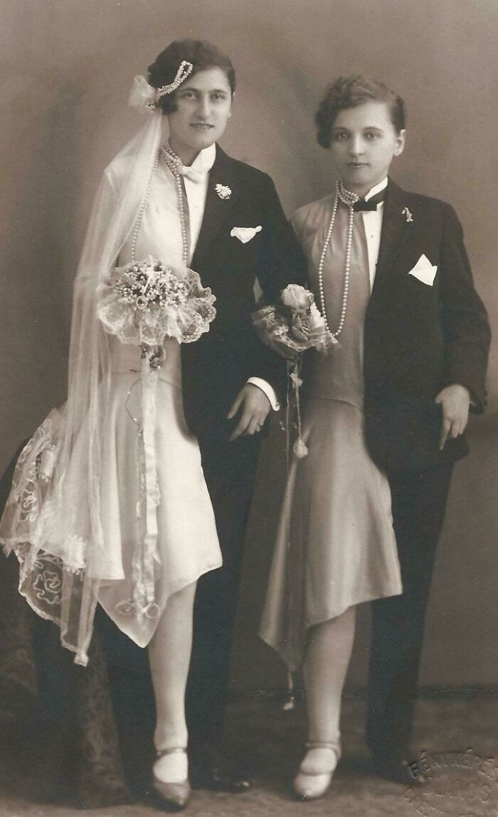 "Atelier Photo: "A Lesbian Couple In Semi Drag Wedding Attire"; Kingdom Of Hungary - Budapest, 1920"