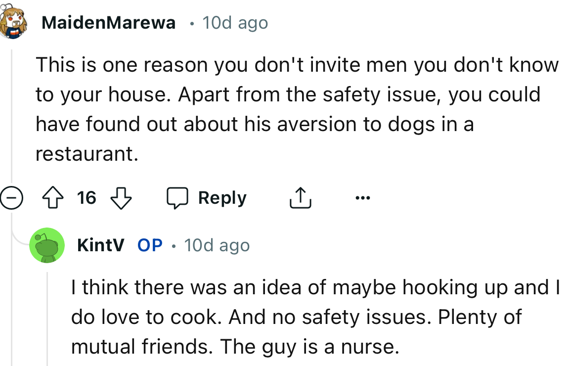 “This is one reason you don't invite men you don't know to your house.”