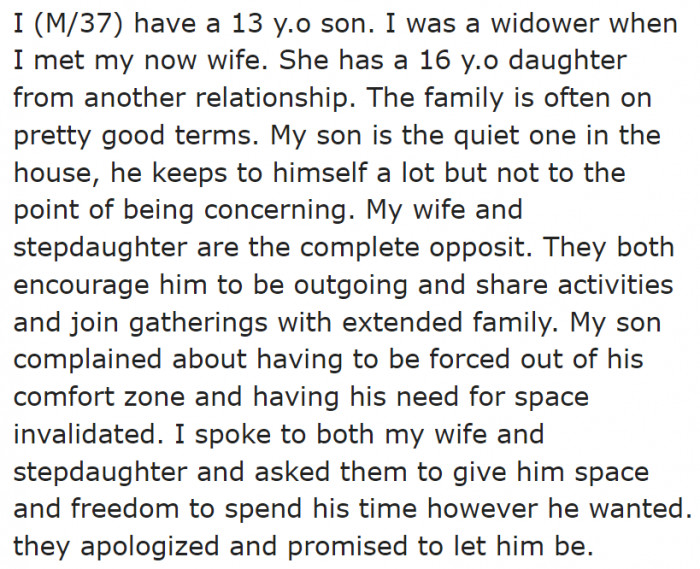 The OP's wife and stepdaughter keep pushing his son to be more outgoing.