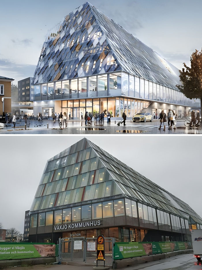 "New Municipal Building. Render vs. Real Building"