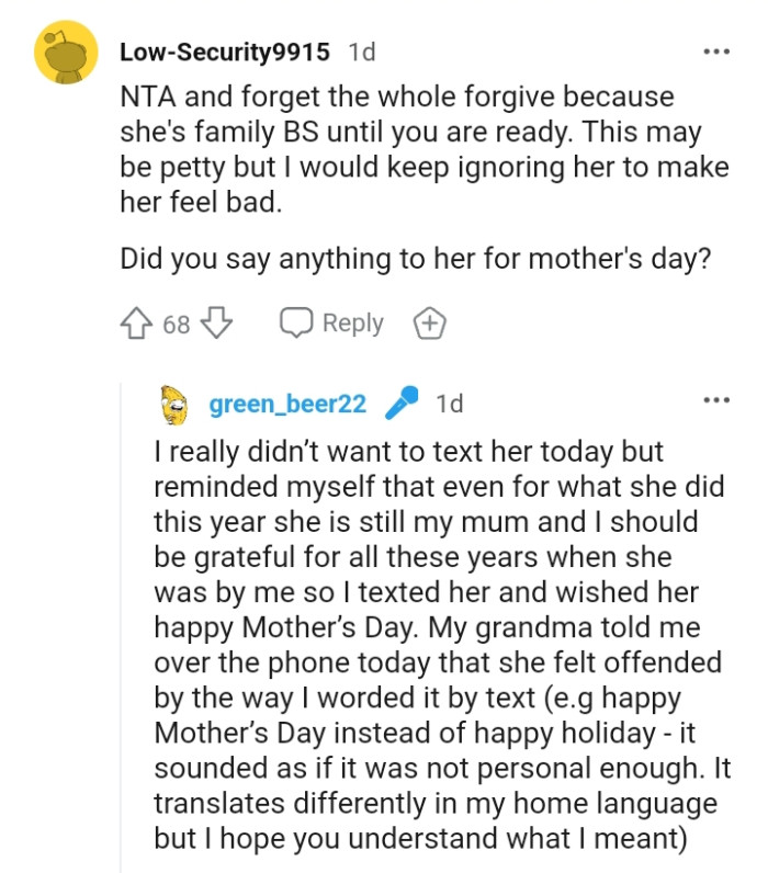 This redditor would keep ignoring her to make her feel bad
