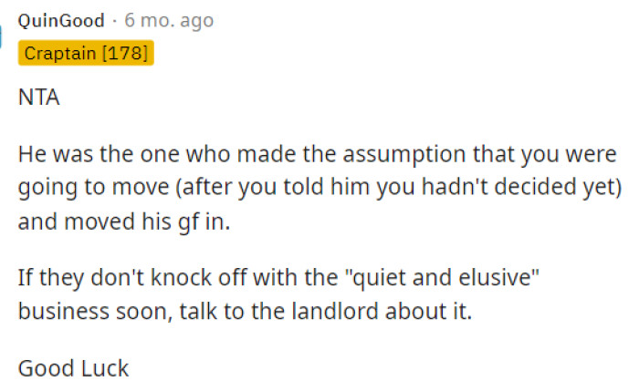 People immediately came to the comments to let her know that she wasn't really TA and that the guy assumed she'd move out before she was ready to.