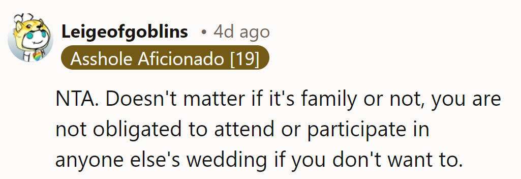 NTA. Family ties don't make wedding invites obligatory. Her decision rules, no questions asked.