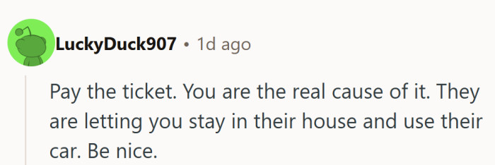 “Free car, free stay, free advice: just be nice and pay the ticket.”