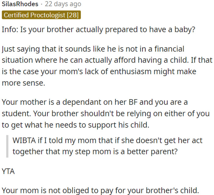 OP's mom isn't responsible for her son's child expenses.