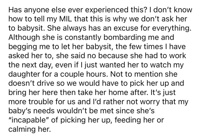But Whenever the OP Has Asked Her MIL to Babysit, She Has Said No.