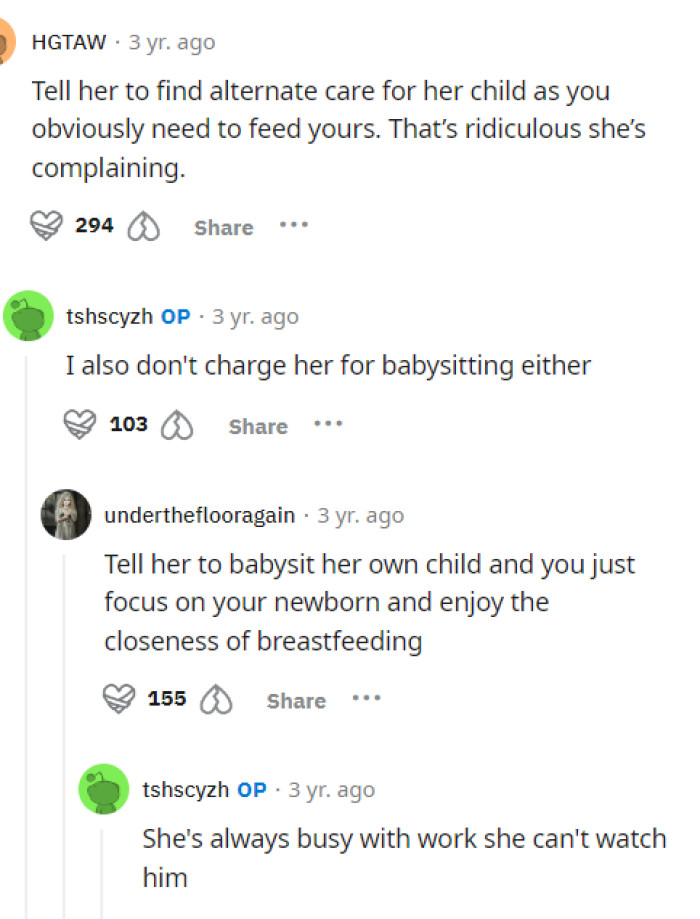 This comment thread helps us understand the dynamics of the situation and how OP's babysitting arrangement works.