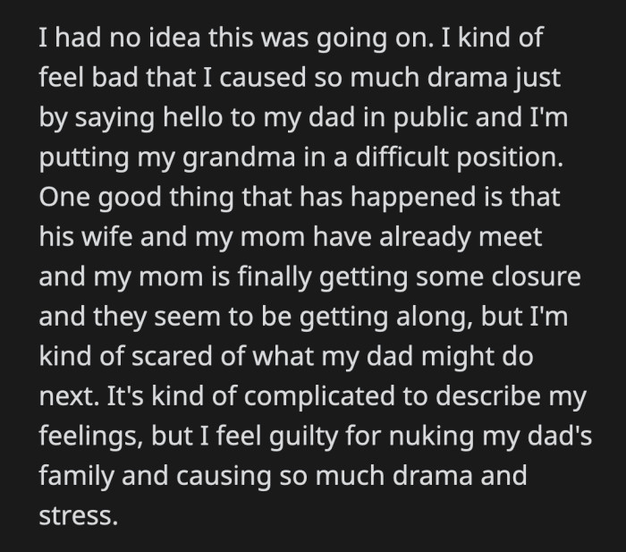 His bio-dad's wife is now staying with OP's grandma. OP feels guilty for how things panned out. On the other hand, he's glad that his mom is finally getting closure with the help of his bio-dad's wife.