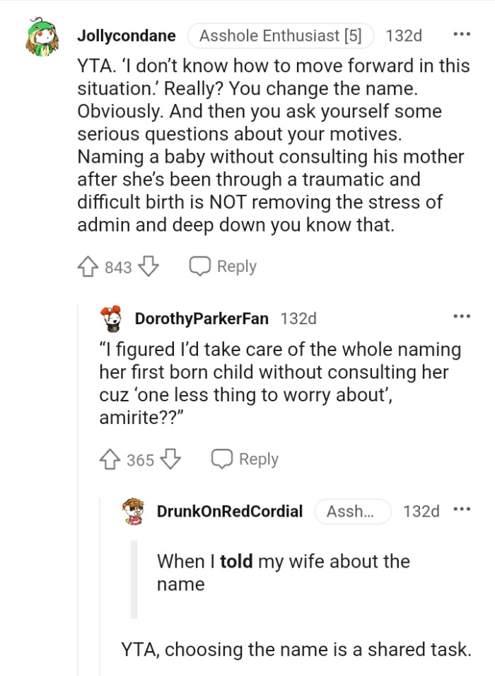 Naming a baby without consulting his mother is not removing the stress