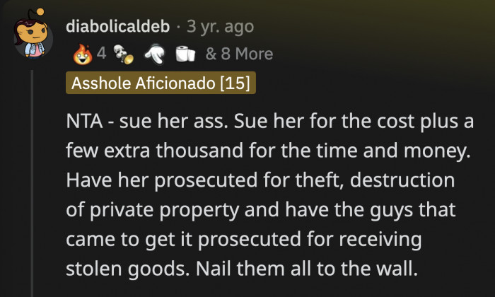 Redditors told OP to press charges against his thieving ex and the people she hired to steal from him