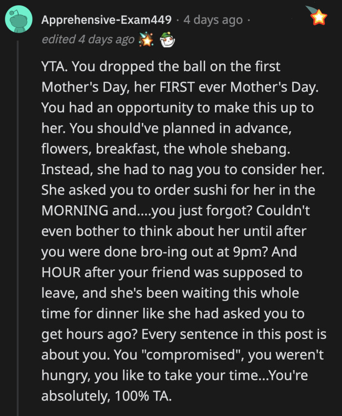 Every sentence oozes OP's selfishness. Not once did he consider how his wife felt on both days.