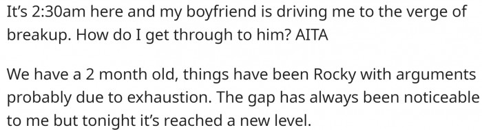 She and her BF have a 2-month-old baby, and taking care of it is difficult for them