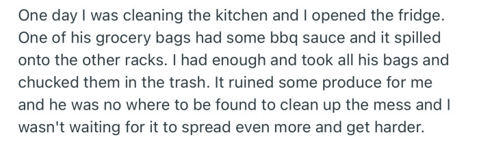 OP came back another day to meet a big mess. This time, he chunked all the guy’s grocery bags into the trash