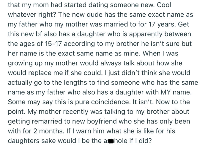 OP is tempted to tell her mom’s new boyfriend about her toxic behavior before he decides to tie the knot
