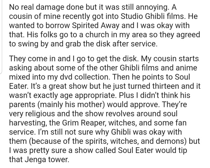 OP explained that her 13-year-old cousin recently became interested in Studio Ghibli films and came over to borrow some. However, one particular film that her cousin was interested in wasn't age-appropriate, especially considering that his parents were religious and wouldn't allow him to watch such a film.