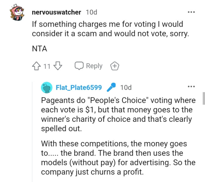 This Redditor would consider it a scam and wouldn't vote