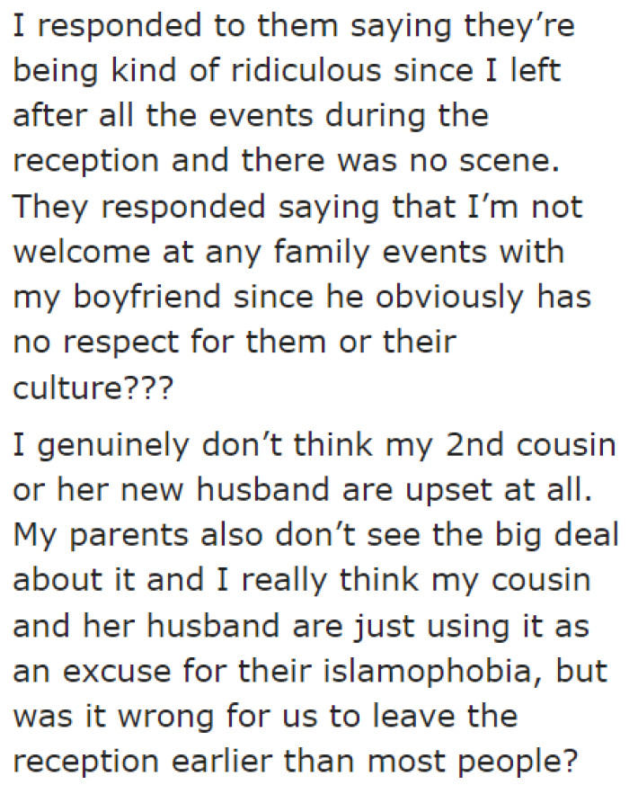 She Defended Her and Her Boyfriend's Actions by Telling Them Their Accusations Are Ridiculous. She's Guessing That Her Relatives Are Islamophobes.