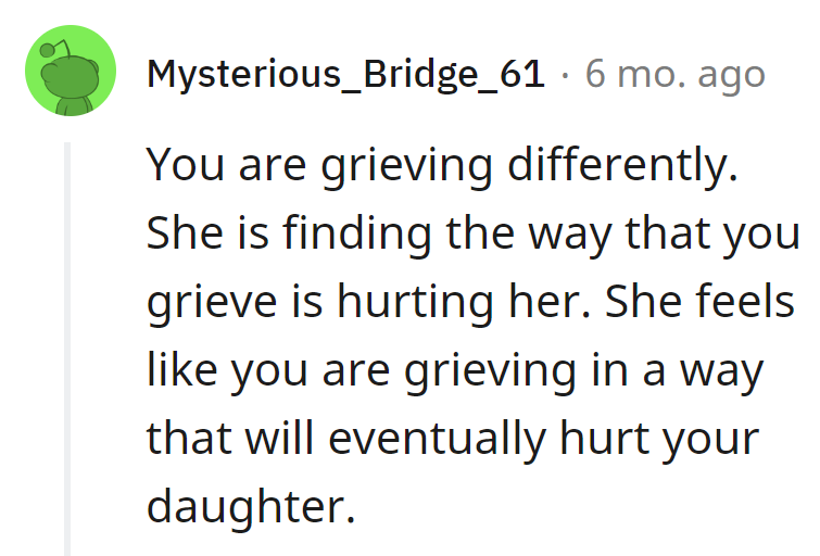 Grieving styles clash; she's concerned their partner's approach might give their daughter emotional whiplash. It's a grief-off with plot twists.