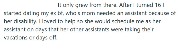 The OP started to work for her boyfriend's mom sometimes when she was 16.