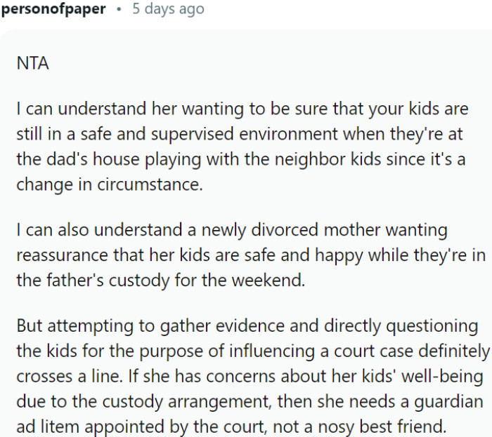 Balancing concerns for children's safety with ethical boundaries in a custody battle