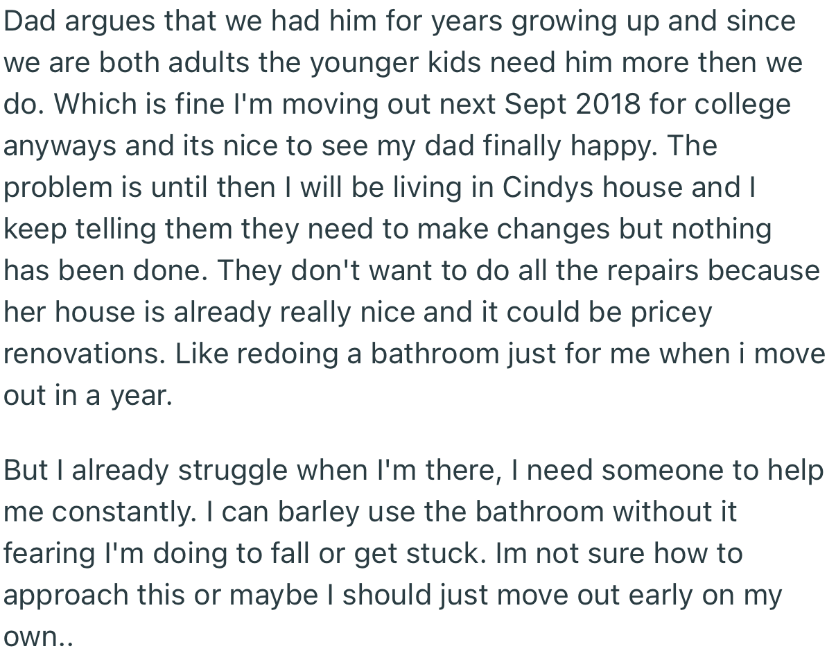 Cindy refused to do any extra renovations for OP’s sake due to the high cost and the fact that OP was preparing to go to college soon