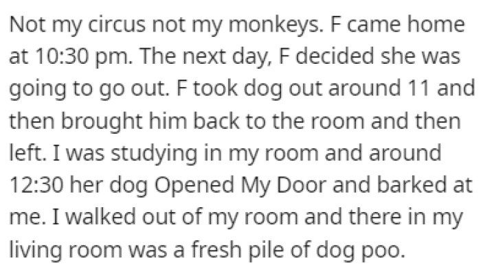 OP wasn't too bothered by the dog until it decided to poop on the living room floor