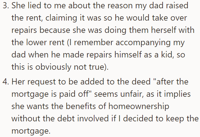She also lied to the OP about why their father raised her rent, plus her request the OP sees as unfair: