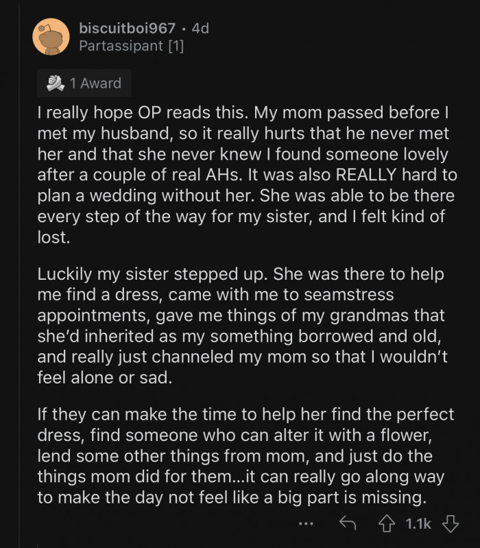 OP and her family can help ensure they honor their mother's traditions.