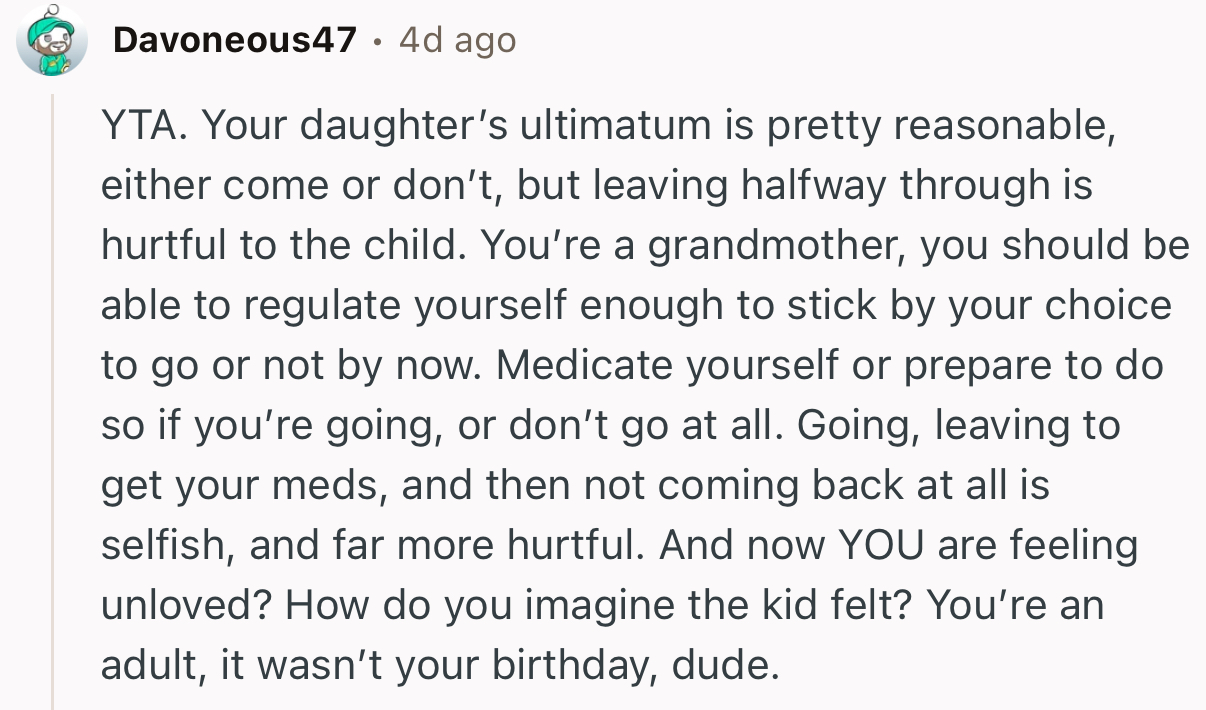 “YTA. Your Daughter’s Ultimatum Is Pretty Reasonable; Either Come or Don’t.”
