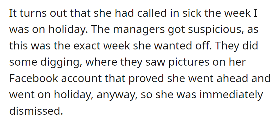 Colleague called in sick during OP's holiday but was caught vacationing through Facebook photos.