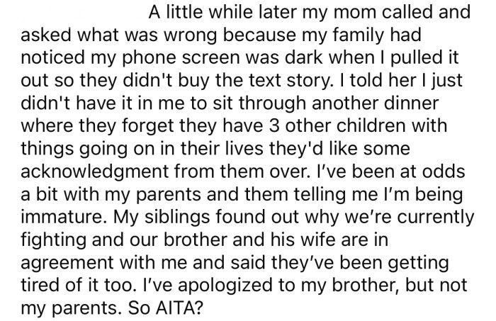 The OP told her parents they need to remember they have three other children who also deserve acknowledgment.