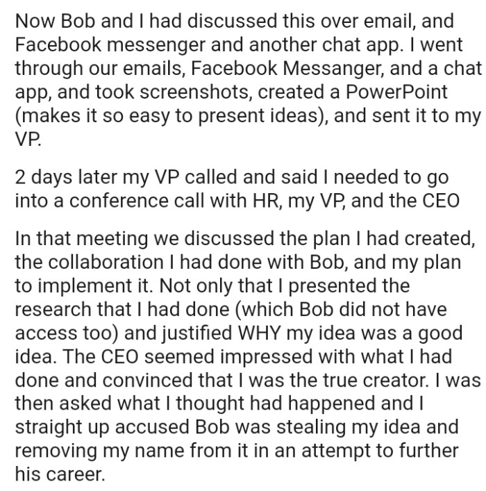 The OP discussed the plan they had created and the collaboration they had done with Bob