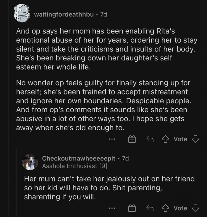 OP's mom has been enabling Rita's behavior.
