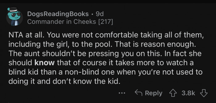 The mom should be quite familiar with how hard it is to supervise a blind kid.