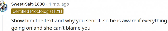 OP should show the text to her husband.