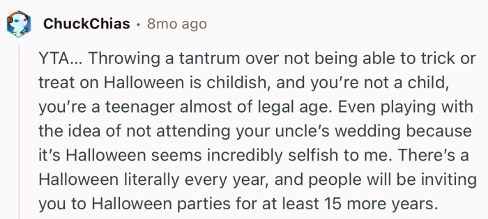 “YTA… Throwing a tantrum over not being able to trick or treat on Halloween is childish.”