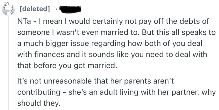 “NTA - I mean I would certainly not pay off the debts of someone I wasn’t even married to.”