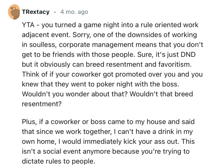 “YTA - you turned a game night into a rule-oriented work-adjacent event.”