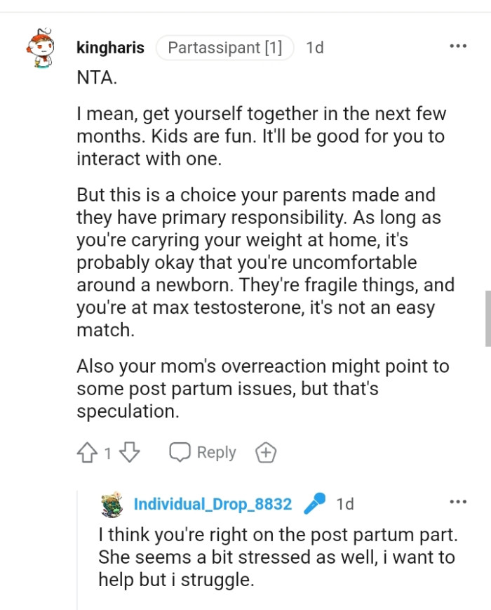 OP's mom's overreaction might point to some postpartum issues