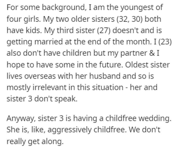 OP is the youngest of the four daughters in her family, and one of her sisters is getting married soon