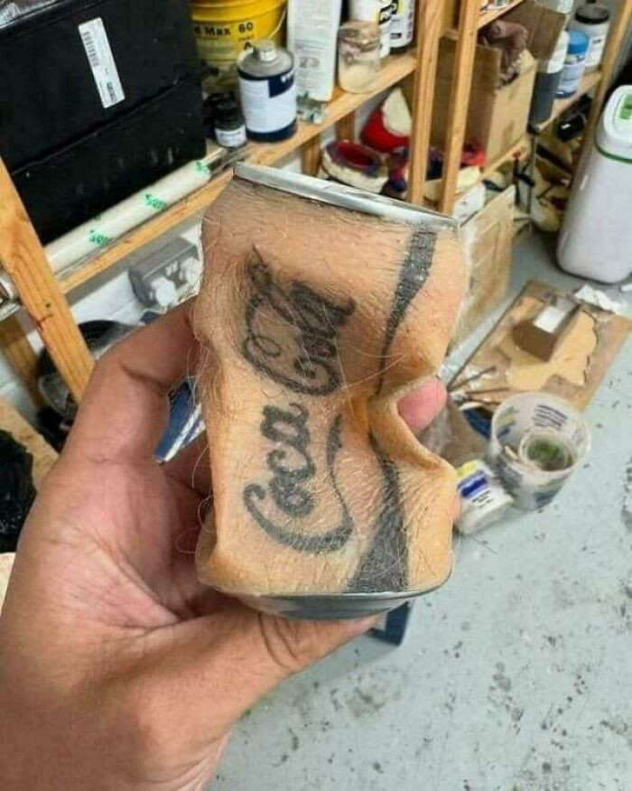 "Pigskin Soda Can With Tattooed Branding"