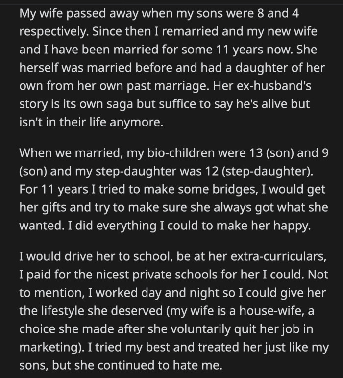 OP mulled it over but ultimately decided not to give his stepdaughter any money since she doesn't consider him a father