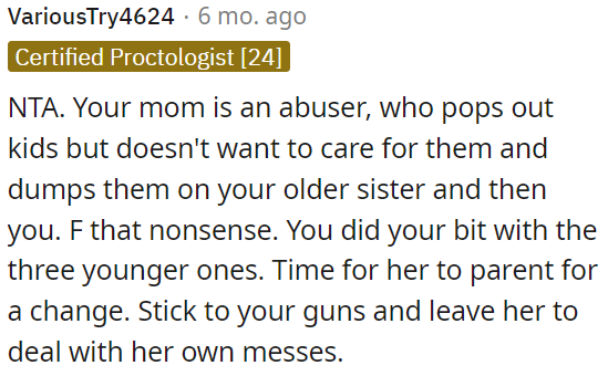 OP should stick to her decision and let her mom handle her own problems.