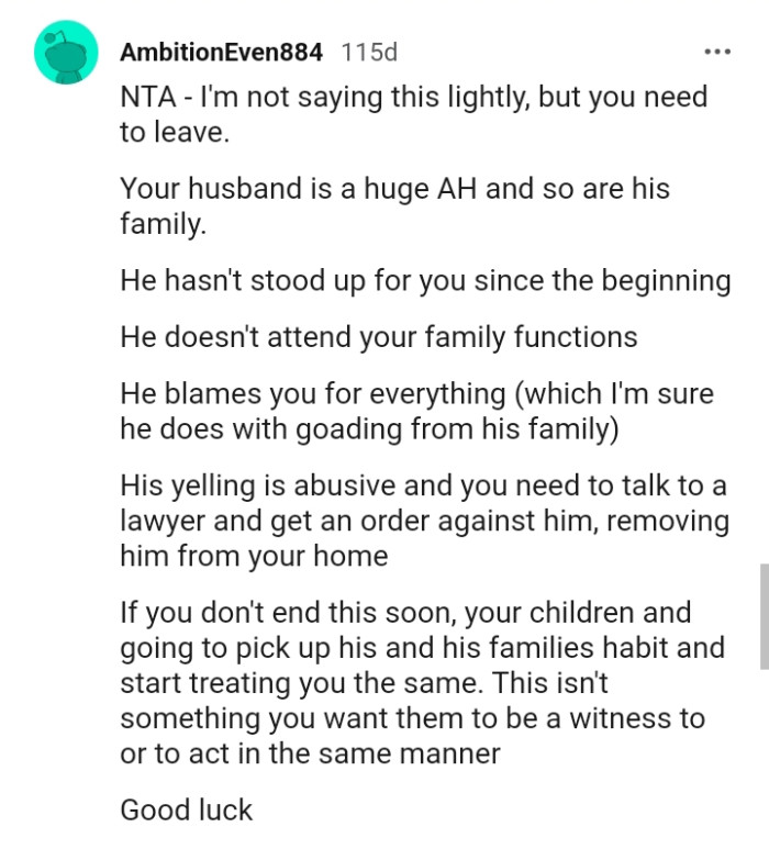 OP's husband hasn't stood up for her since the beginning.