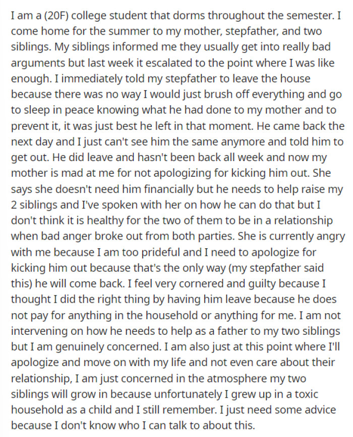 OP's post was to the point and expressed the whole situation that happened between her and her stepfather and mom.