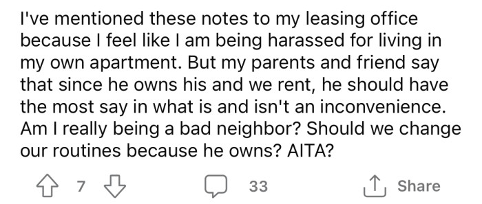 The OP says she feels like she's being harassed, so she asked the Reddit community for advice.